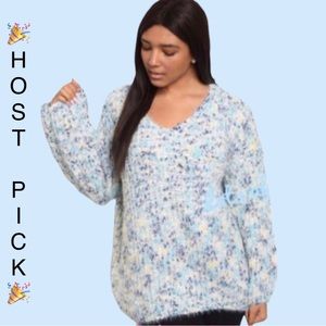 •L•Blue Ivory Oversized Speckled Detailed Tunic Sweater Top•